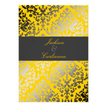 311 Dazzling Damask Yellow | Charcoal Gray Band Personalized Invitations