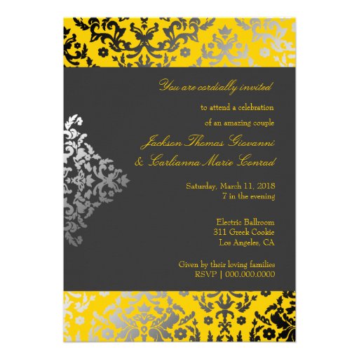 311 Dazzling Damask Yellow | Charcoal Gray Band Personalized Invitations