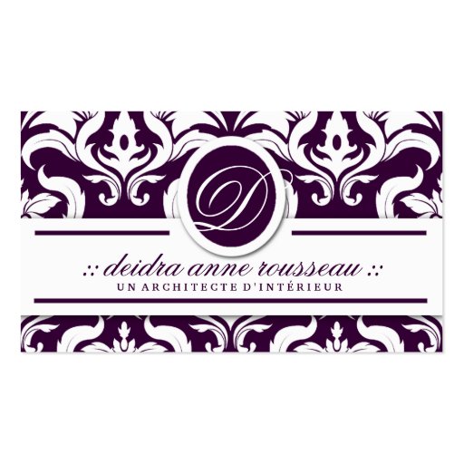 311 Deidra Damask Rose Purple Monogram Business Cards (front side)