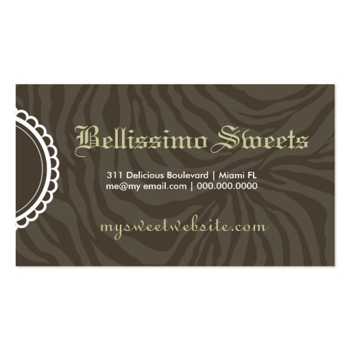 311-Delectably Sweet Chocolate Moss Zebra Bow Business Card Template (back side)