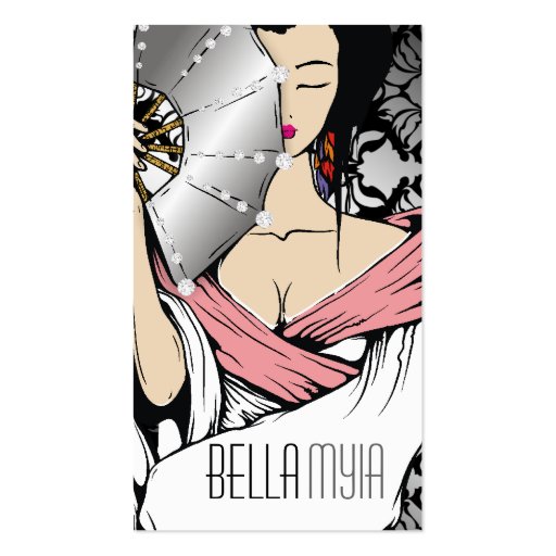 311-Diamond Geisha | Damask Shimmer Black Business Cards (front side)