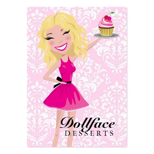 311 Dollface Desserts Blondie Pink Damask 3.5 x 2 Business Card Template (front side)
