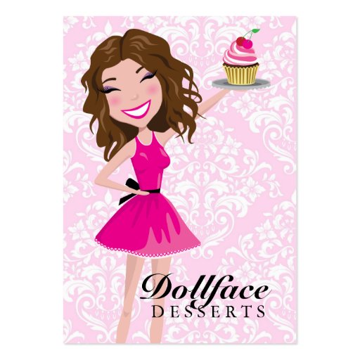 311 Dollface Desserts Brownie Pink Damask 3.5 x 2 Business Card Template (front side)