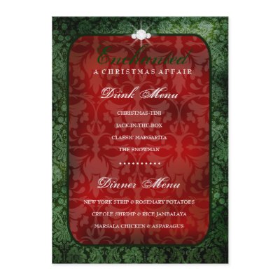 311-Enchanted Red Green Damask Dinner / Drink Menu Custom Invitation by Jill311
