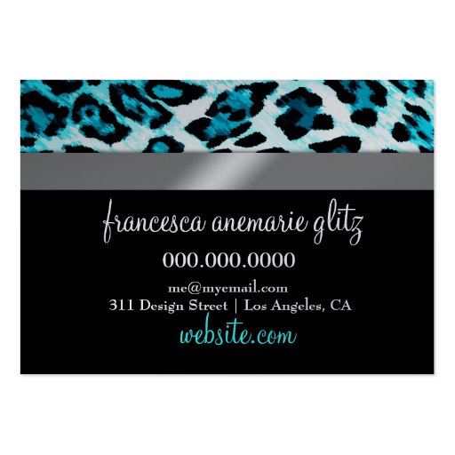 311 Glitzy Chic Boutique Leopard Turquoise Metalli Business Card Template (back side)