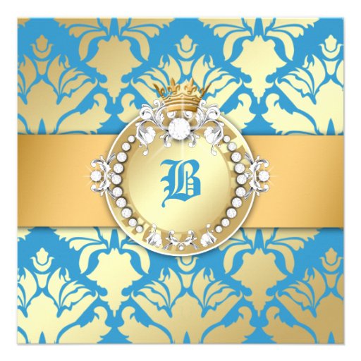 311-Golden Blue Damask Shimmer Queen Baby Shower Invite