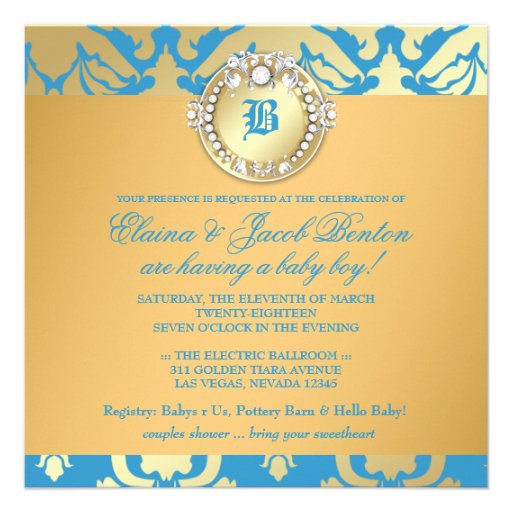 311-Golden Blue Damask Shimmer Queen Baby Shower Invite