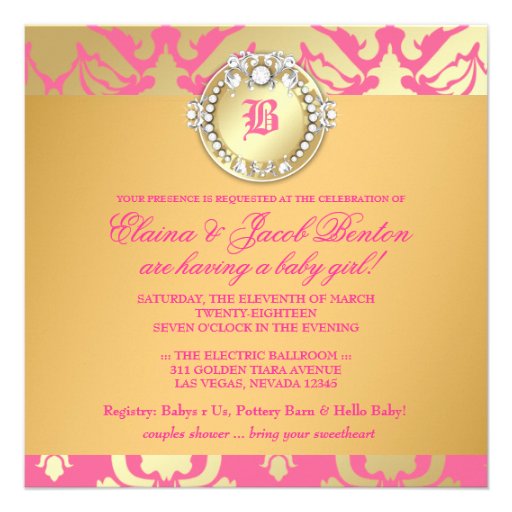 311-Golden Damask Shimmer Queen Baby Shower Personalized Announcements