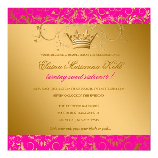 311-Golden diVine Passion Pink Sweet 16 Custom Invitations