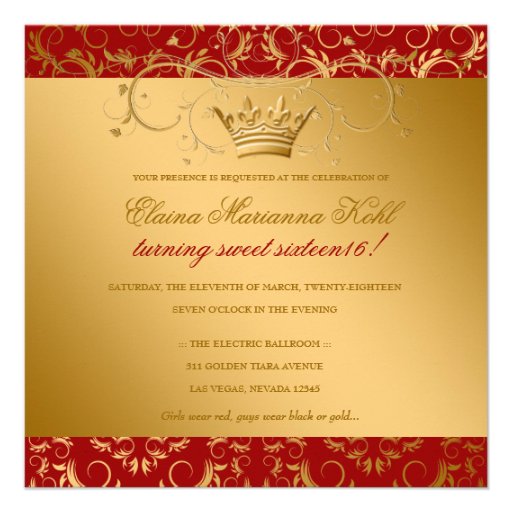 311-Golden diVine Sweet Cherry Red Sweet 16 Personalized Invite