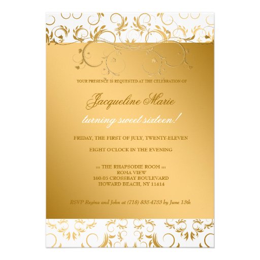 311-Golden diVine White Delight Sweet 16 Personalized Invitation
