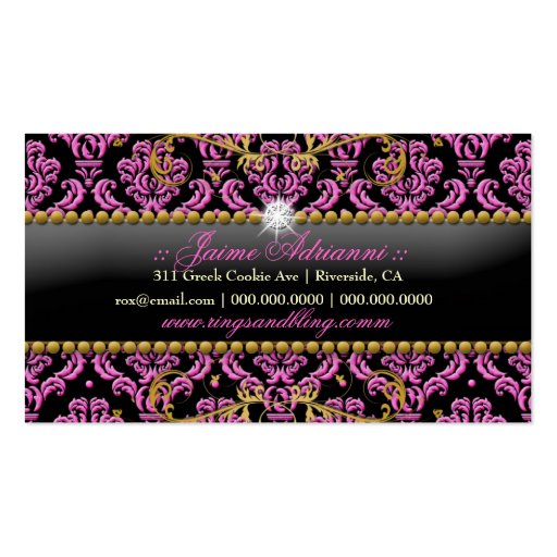 311-Golden Raspberry Bling Noir Damask Business Card (back side)