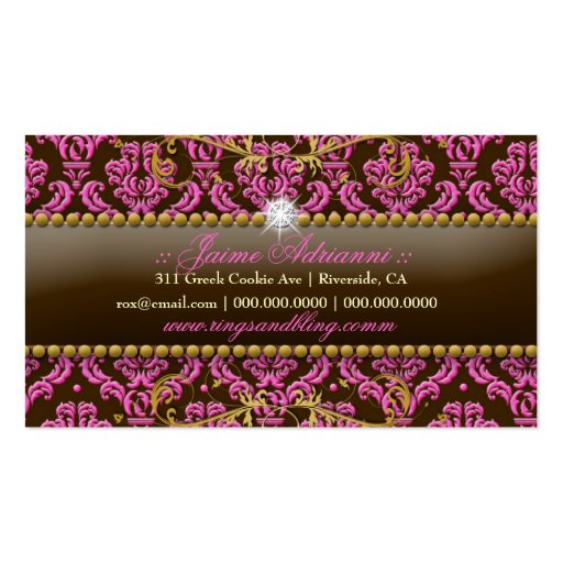 311 Golden Raspberry Chocolate Bling  Damask Business Card Templates (back side)