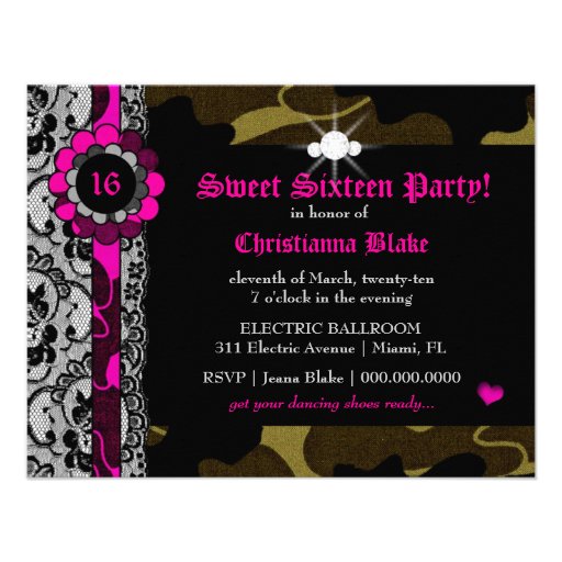 311 Hott Pink Camo Sweet Sixteen Invitation