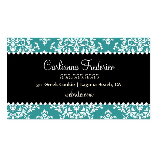 311 Icing on the Cake Teal White Damask Business Cards (back side)