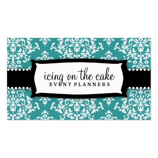 311 Icing on the Cake Teal White Damask Business Cards (front side)