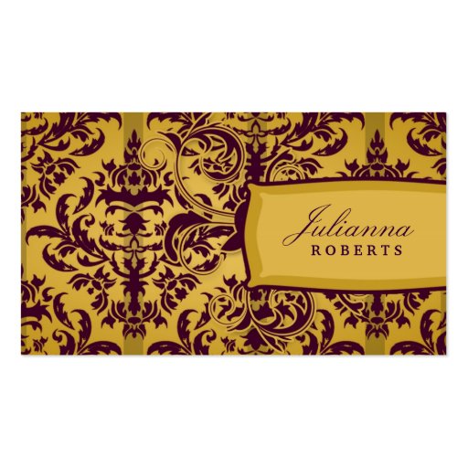 311-Julianna Eggplant & Mustard Damask Business Cards