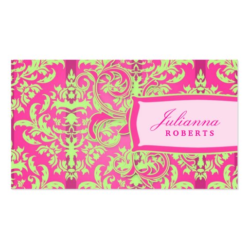 311-Julianna Lusciously Lime & Pink Damask Business Cards (front side)