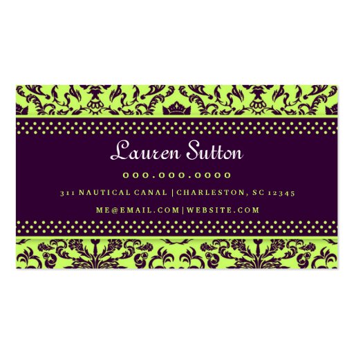 311-Lauren Damask Monogram | Lime Business Card Templates (back side)
