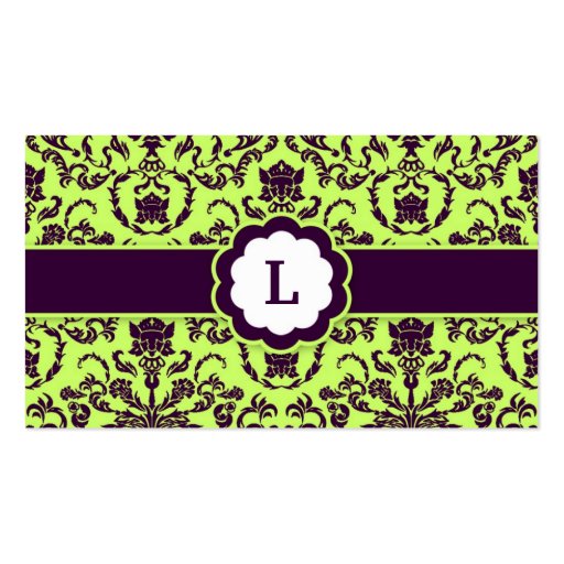 311-Lauren Damask Monogram | Lime Business Card Templates (front side)