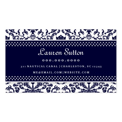 311 Lauren Damask Monogram Navy Business Cards (back side)