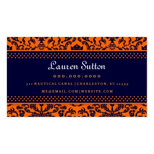 311 Lauren Damask Monogram Orange Business Card Template (back side)