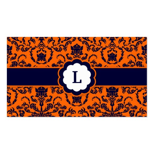 311 Lauren Damask Monogram Orange Business Card Template (front side)