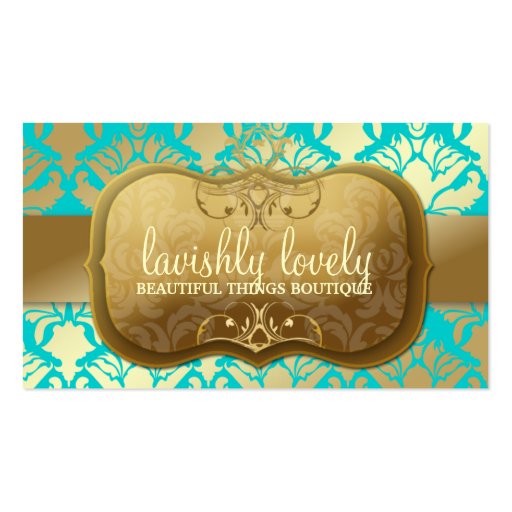 311 Lavish Golden Damask Shimmer Turquoise Business Cards (front side)