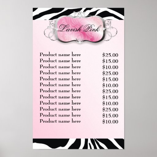 311-lavish-pink-platter-zebra-price-list-poster-zazzle