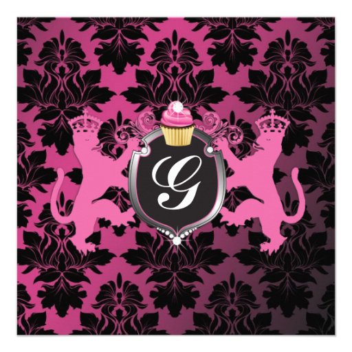 311 Luxe Lion Heraldry Pink Cupcake Baby Shower Personalized Announcements (front side)