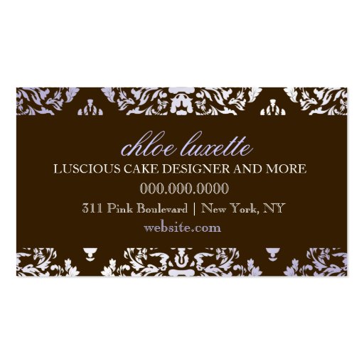 311 Luxuriously Lilac N Brown Damask Monogram Business Cards (back side)
