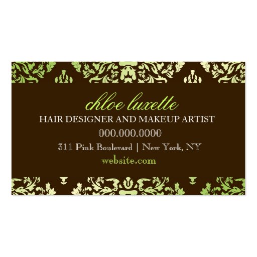311-Luxuriously Lime Brown Damask Monogram Business Card Template (back side)