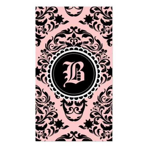 311 Luxuriously Peach Black Damask Monogram Flower Business Card Template (front side)