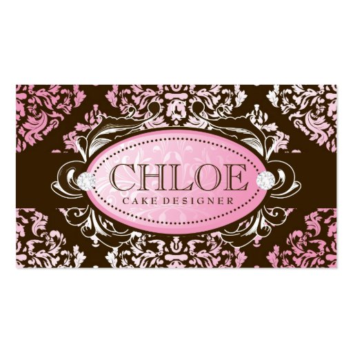 311 Luxuriously Pink N Brown Damask Monogram Business Card (front side)