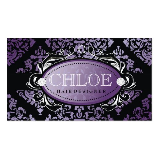311-Luxuriously Purple Damask Monogram Business Card (front side)