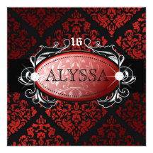 311-Luxuriously Red Liquorice Damask Sweet 16 Custom Invites