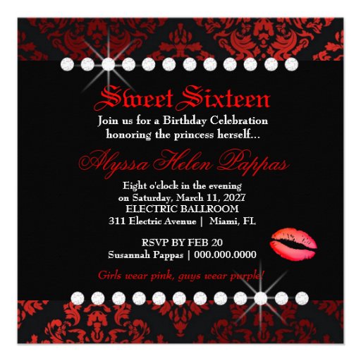 311 Luxuriously Red Liquorice Damask Sweet 16 Custom Invites