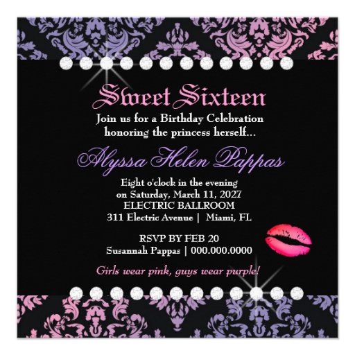 311 Luxuriously Sweetheart Damask Sweet 16 Custom Invitation