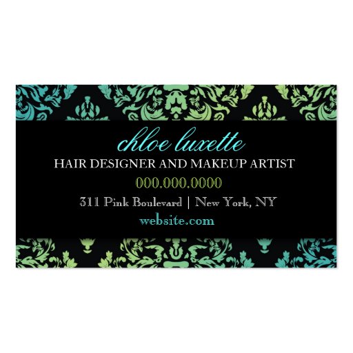 311-Luxuriously Turquoise n Lime Damask Monogram Business Card Templates (back side)