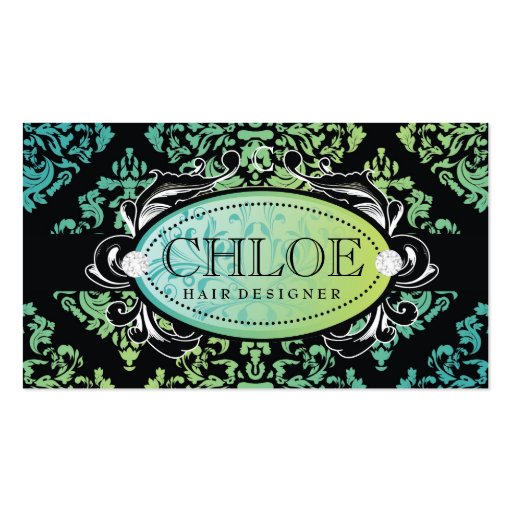 311-Luxuriously Turquoise n Lime Damask Monogram Business Card Templates
