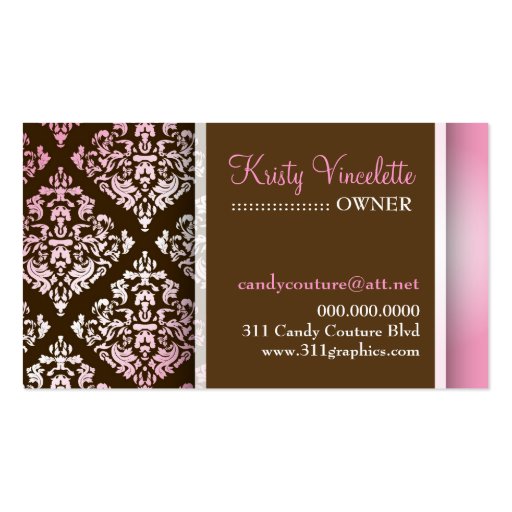 311 Luxuriously Vincelette Damask 2 Pink Brown Business Card Template (back side)