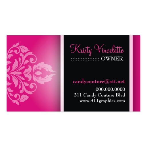 311 Luxuriously Vincelette Damask Pink Liquorice Business Card Templates (back side)