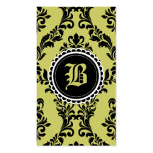 311 Moss Green Black Damask Monogram Flower Business Cards