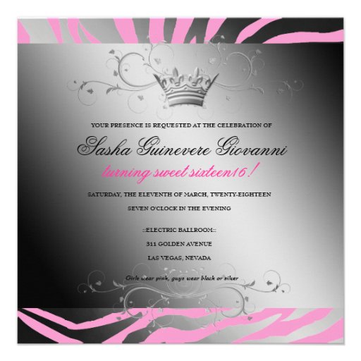 311-Night Zebra Shimmer Black Bow Pink | Sweet 16 Custom Announcement