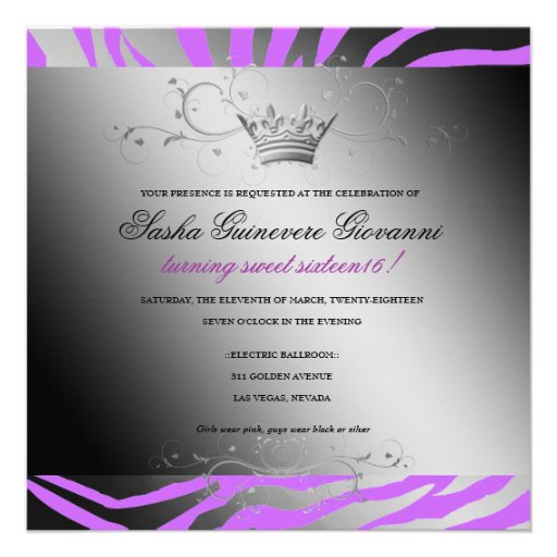 311 Night Zebra Shimmer Electric Purple | Sweet 16 Custom Invitation
