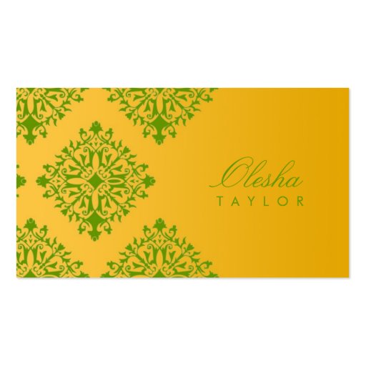 311-Olesha Yellow & Green Damask Vertical Business Card Templates (front side)