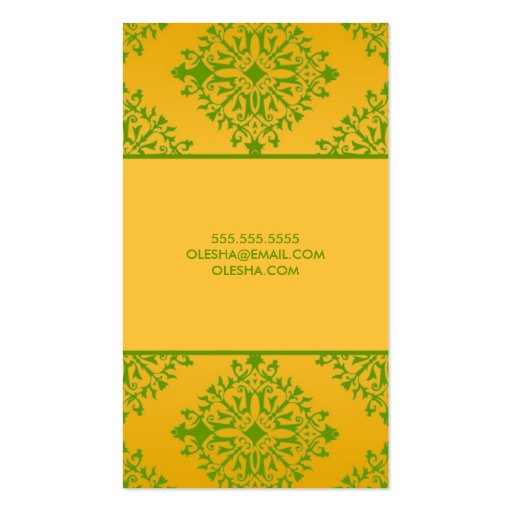 311-Olesha Yellow & Green Damask Vertical Business Card Templates (back side)