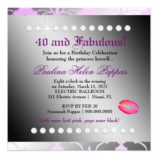 311 Ooh La La Lilac Damask Fabulous 40 Custom Invite