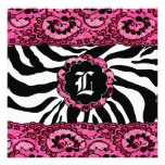 311-Pink Lace Zebra & Diamonds Monogram Custom Announcement
