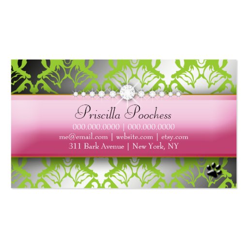 311 Posh Pooch Damask Shimmer Green Grass Business Card (back side)